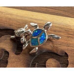 Sterling Silver Blue Opal Turtle Pendant 925 Inlay Sea Turtle Beach Ocean